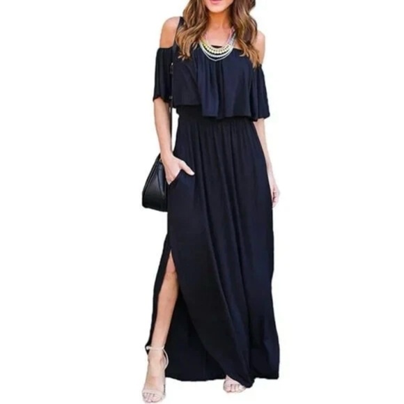 Thanth Off Shoulder Maxi Dress Navy Size Small Pockets Slit Ruffle - Picture 1 of 15